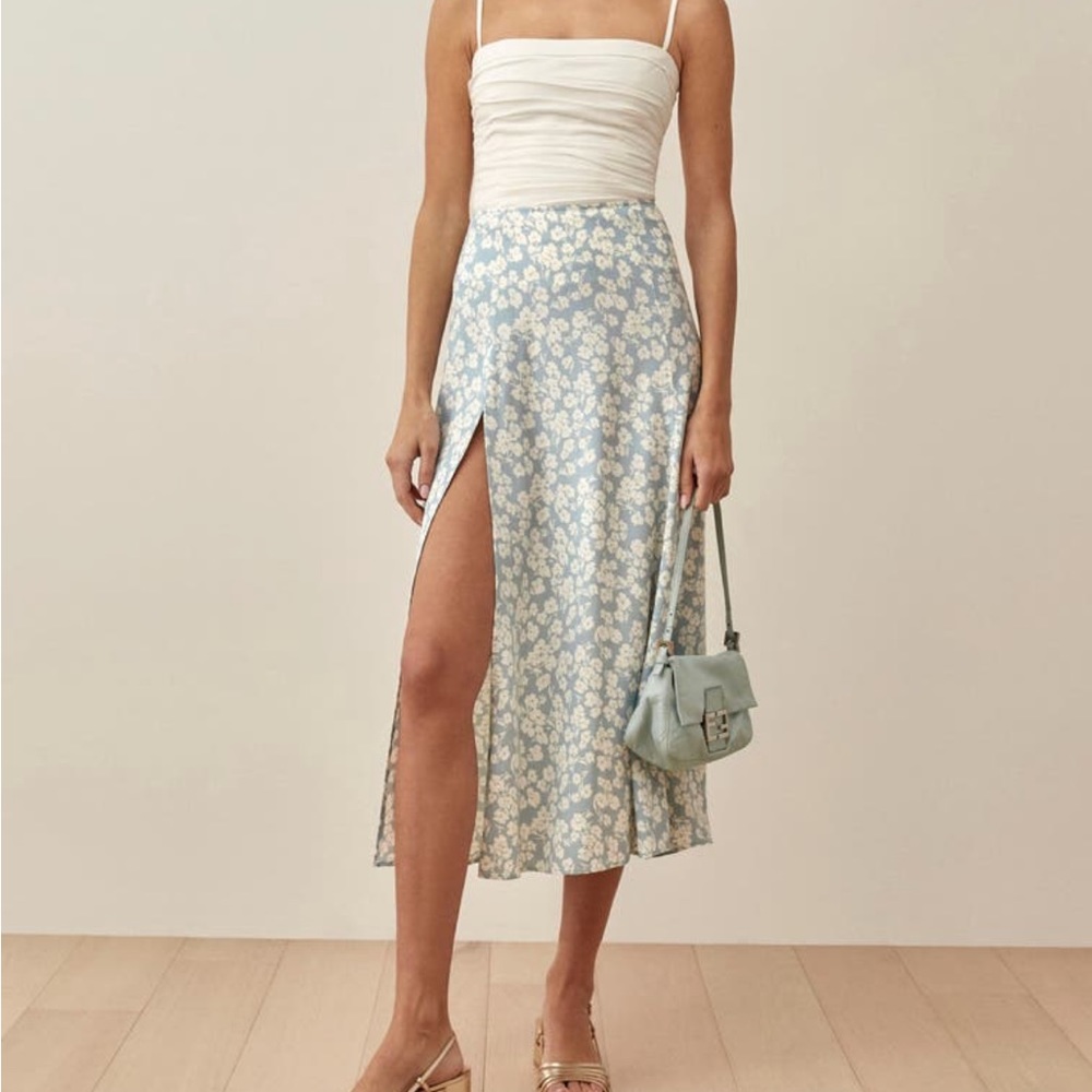 reformation zoe side slit midi skirt